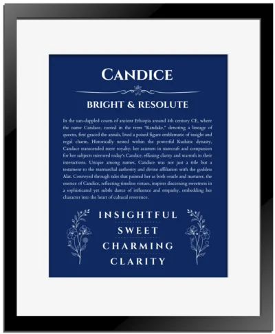 Candice custom name art showing meaning and origin in deep blue with black matte frame