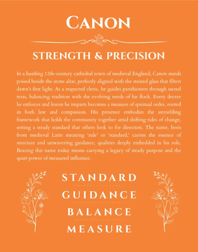 Canon custom name art showing meaning and origin in orange