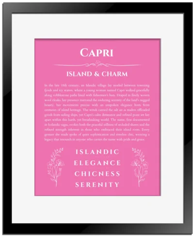 Capri name meaning gift print in pink with black matte frame