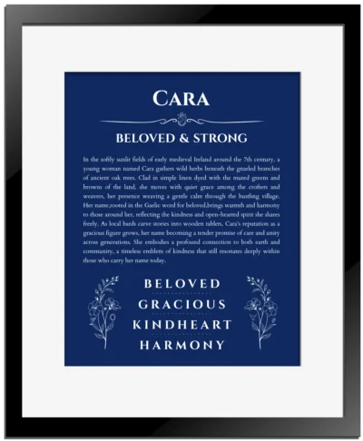 Cara custom name meaning print in deep blue with black matte frame
