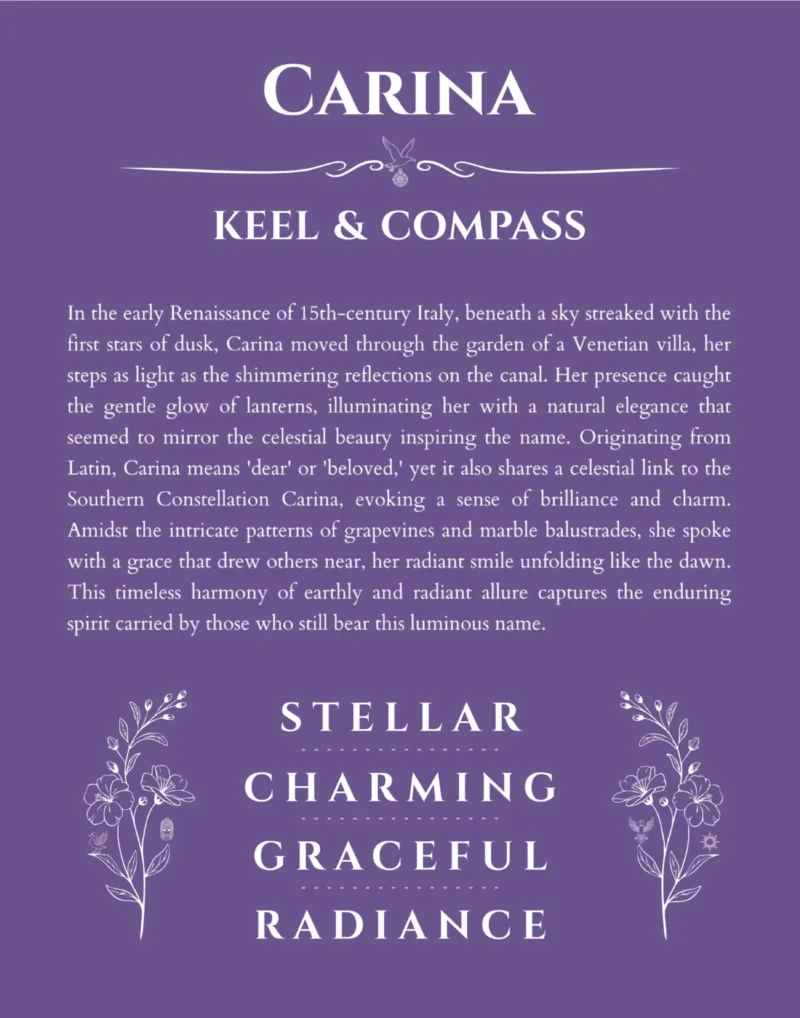 Carina name origin print with meaning and traits in purple