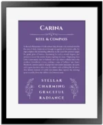 Carina name origin print with meaning and traits in purple with black matte frame