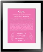 Carl name meaning gift print in pink with black matte frame