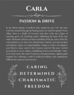 Carla personalized name art with origin story in gray