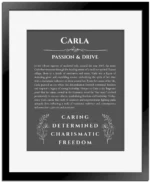 Carla personalized name art with origin story in gray with black matte frame