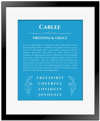 Carlee name meaning wall art by Get Your Story in blue with black matte frame