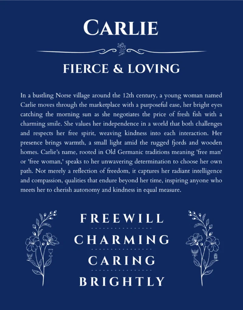 Carlie personalized wall art with the story of your name in deep blue