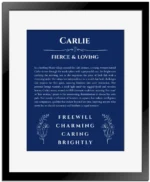 Carlie personalized wall art with the story of your name in deep blue with black matte frame