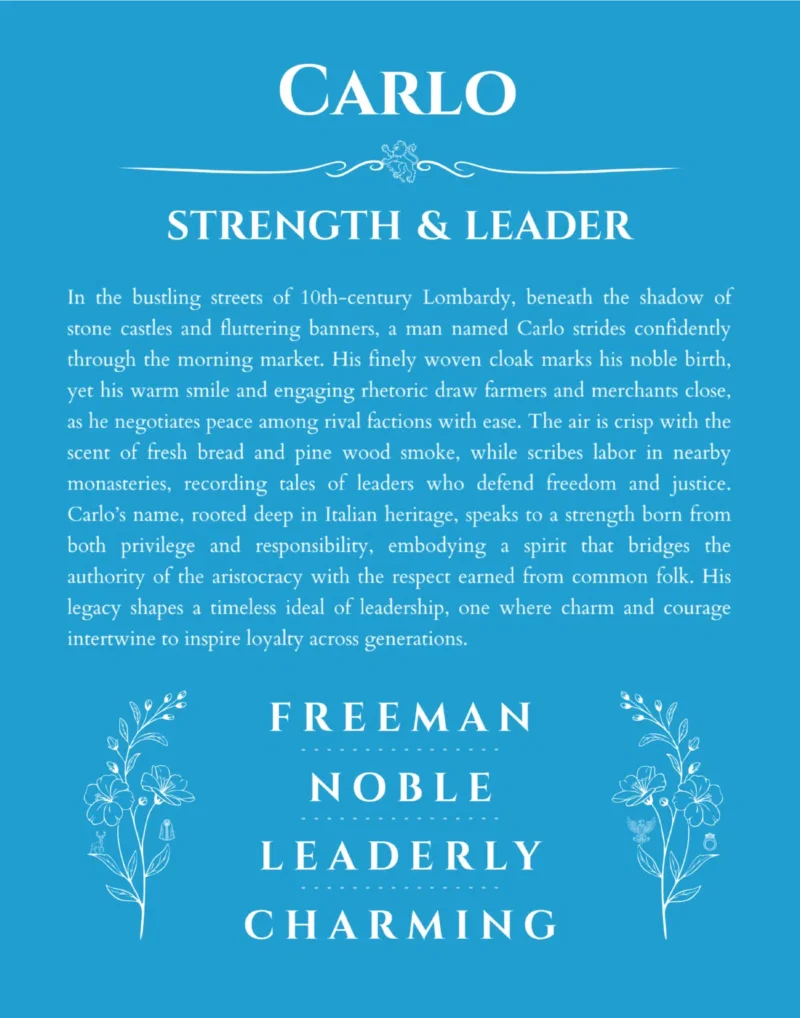 Carlo personalized name print with origin and traits in blue