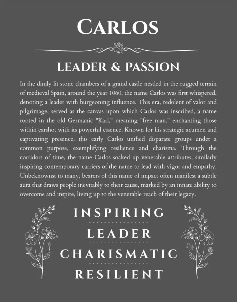 Carlos custom name art showing meaning and origin in gray