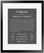 Carlota personalized name meaning print in gray with black matte frame