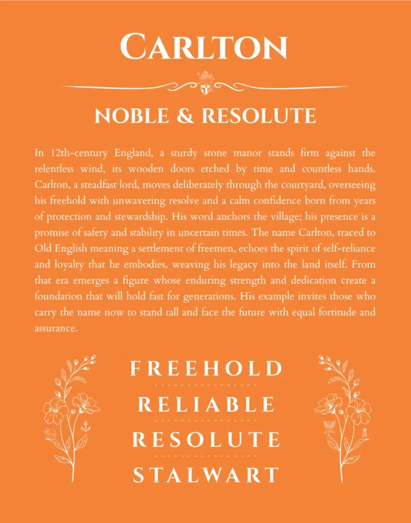 Carlton custom name art showing meaning and origin in orange