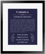 Carmela personalized name meaning print in navy blue with black matte frame