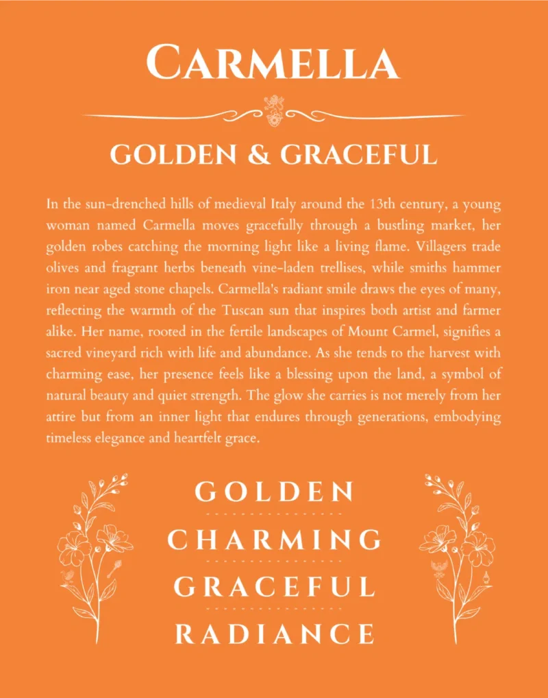 Carmella custom name art showing meaning and origin in orange