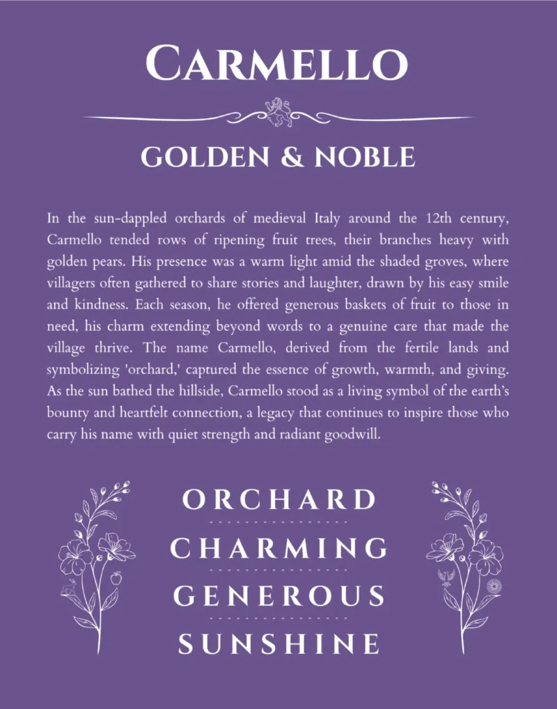 Carmello custom name art showing meaning and origin in purple