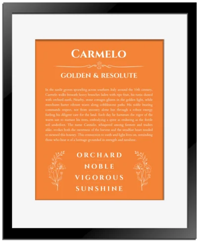 Carmelo custom name art showing meaning and origin in orange with black matte frame