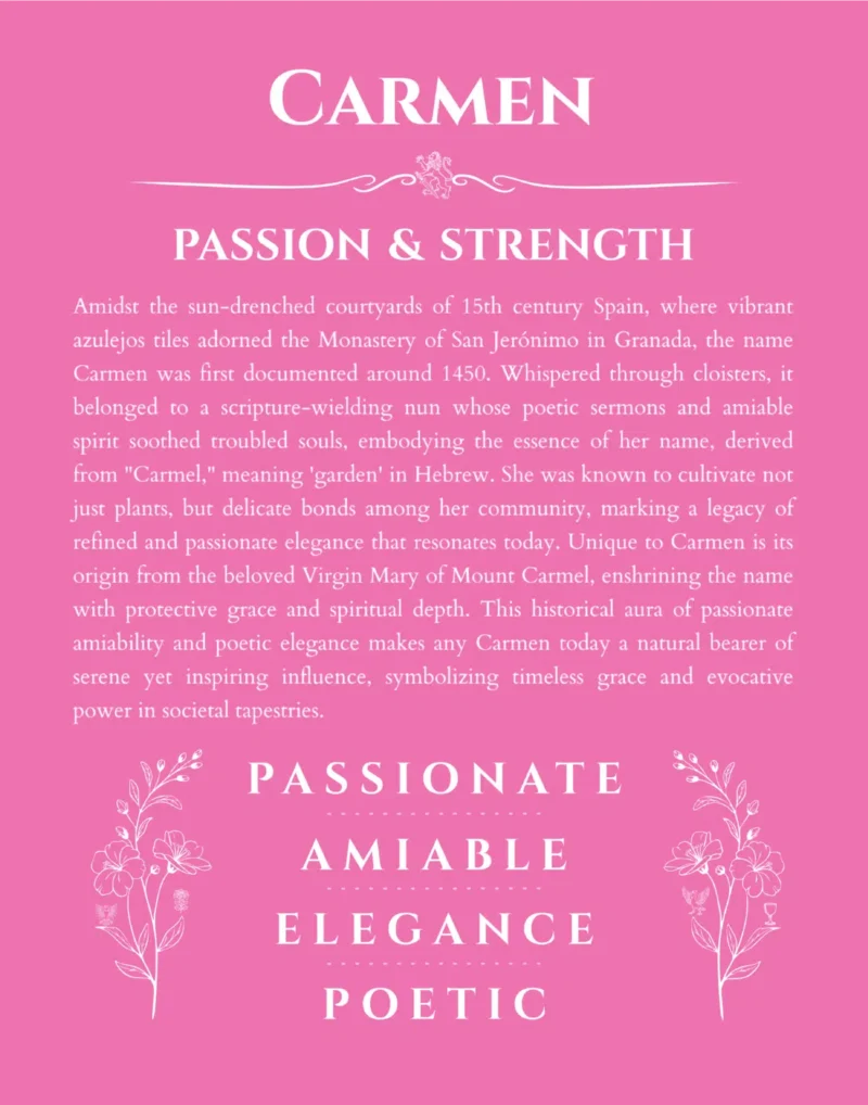 Carmen personalized name art with origin story in pink