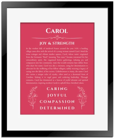 Carol name meaning wall art by Get Your Story in red with black matte frame