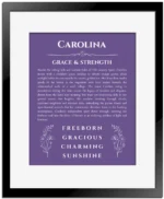 Carolina custom name print for wall display in purple with black matte frame