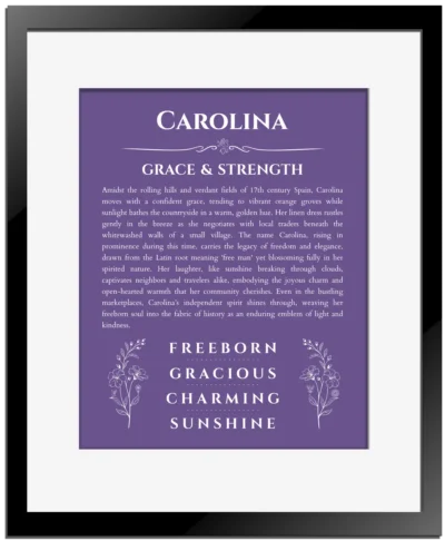 Carolina custom name print for wall display in purple with black matte frame