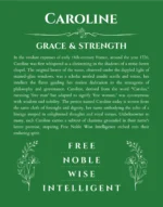 Caroline name origin print with meaning and traits in dark green