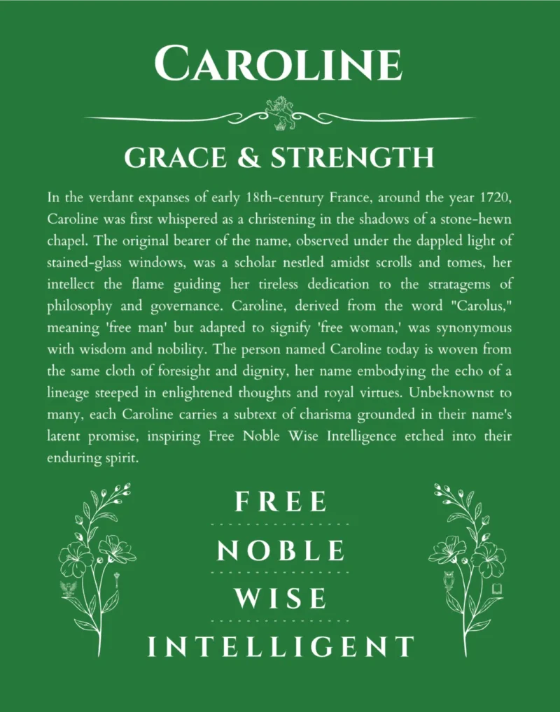 Caroline name origin print with meaning and traits in dark green