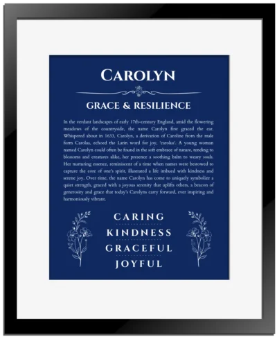 Carolyn name meaning wall art by Get Your Story in deep blue with black matte frame