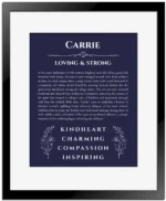 Carrie custom name print for wall display in navy blue with black matte frame
