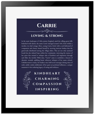 Carrie custom name print for wall display in navy blue with black matte frame
