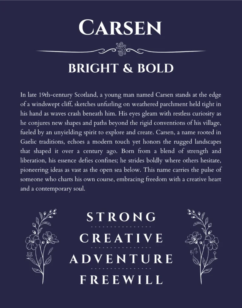 Carsen personalized name art with origin story in navy blue