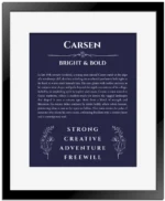 Carsen personalized name art with origin story in navy blue with black matte frame