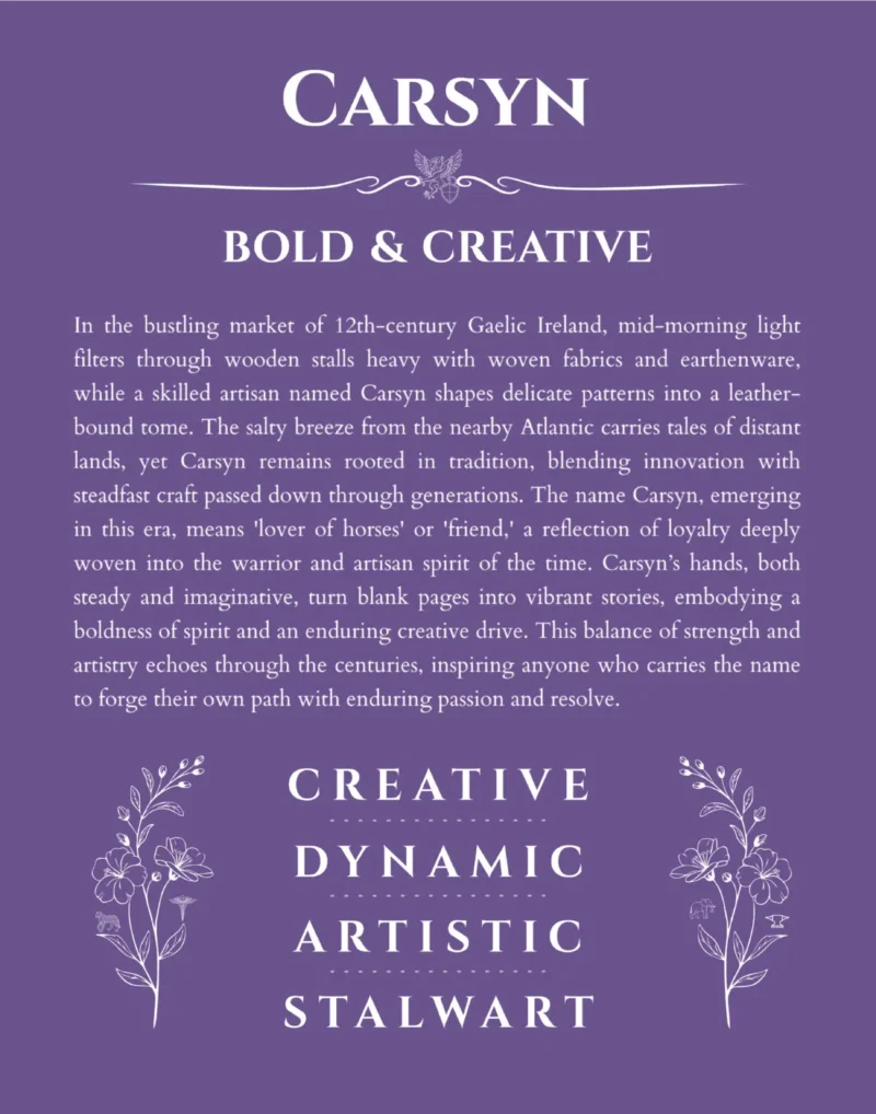 Carsyn custom name art showing meaning and origin in purple