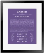 Carsyn custom name art showing meaning and origin in purple with black matte frame