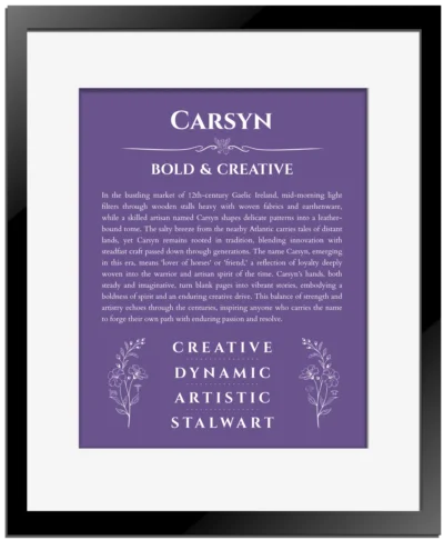 Carsyn custom name art showing meaning and origin in purple with black matte frame