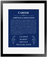 Carter name origin print with meaning and traits in deep blue with black matte frame