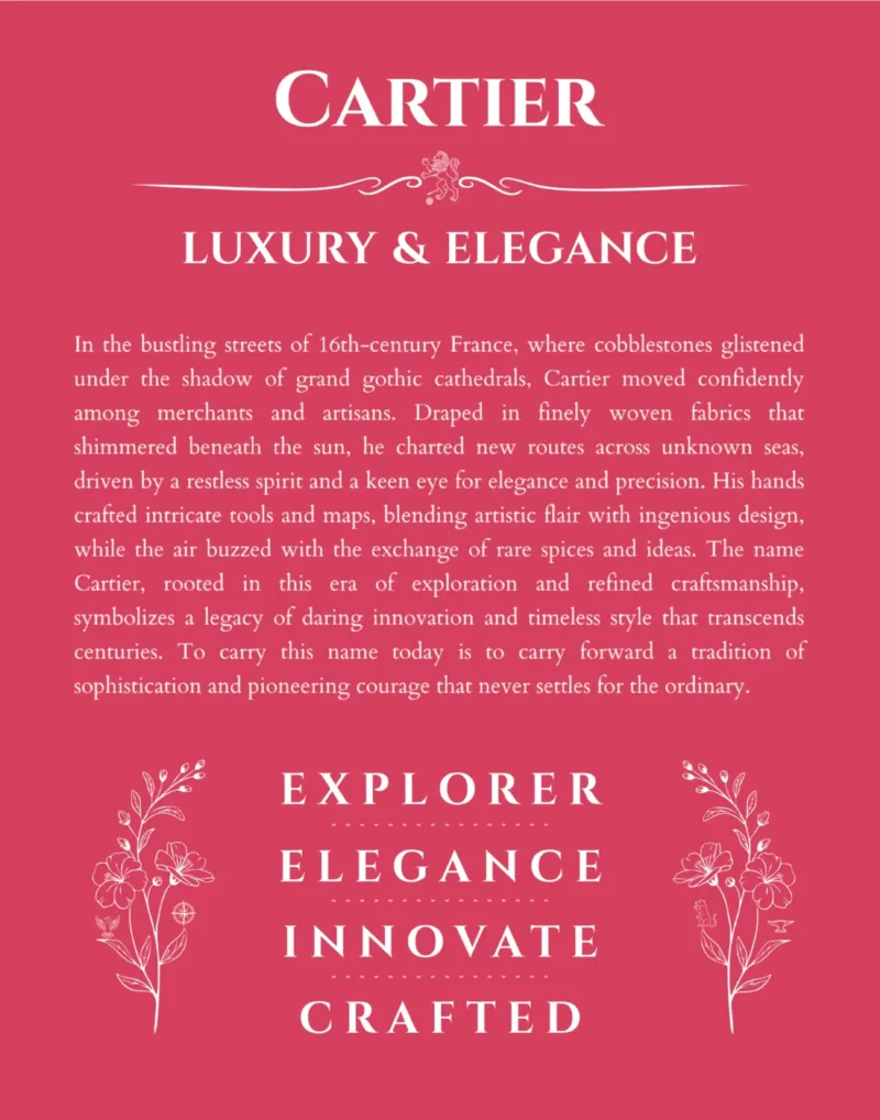 Cartier custom name art showing meaning and origin in red