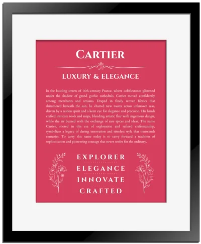 Cartier custom name art showing meaning and origin in red with black matte frame