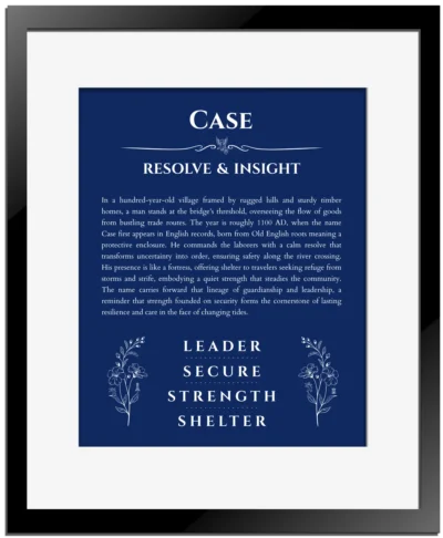 Case name origin print with meaning and traits in deep blue with black matte frame