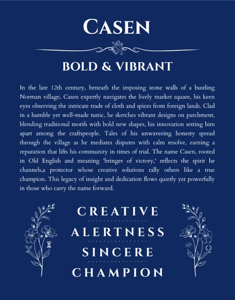 Casen personalized name art with origin story in deep blue