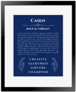 Casen personalized name art with origin story in deep blue with black matte frame