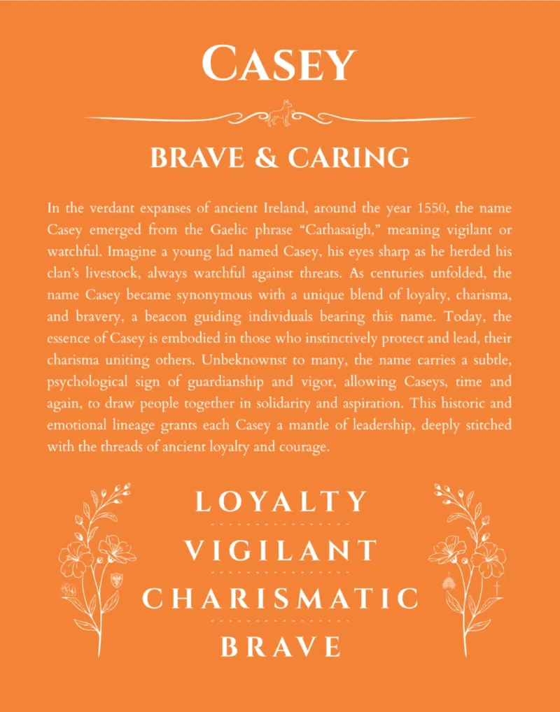 Casey custom name art showing meaning and origin in orange