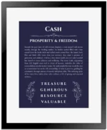 Cash personalized name meaning print in navy blue with black matte frame