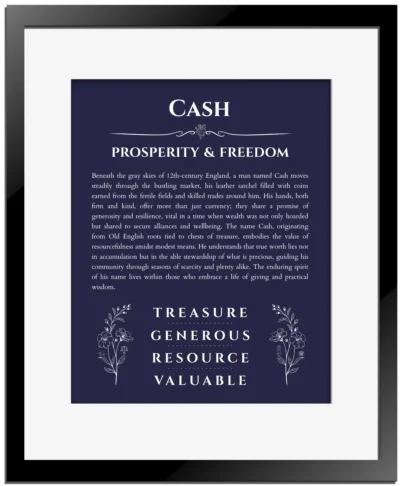 Cash personalized name meaning print in navy blue with black matte frame