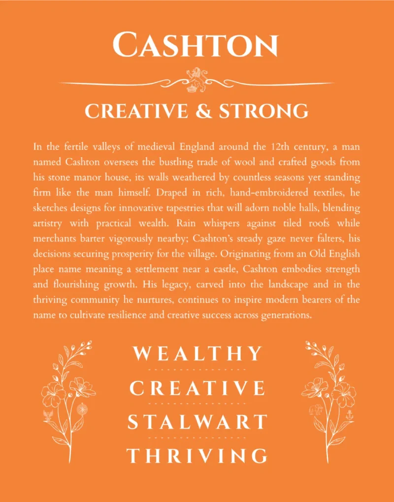 Cashton name origin print with meaning and traits in orange