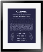 Casimir personalized wall art with the story of your name in navy blue with black matte frame