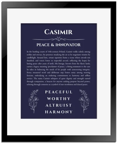Casimir personalized wall art with the story of your name in navy blue with black matte frame