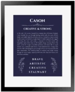 Cason custom name art showing meaning and origin in navy blue with black matte frame
