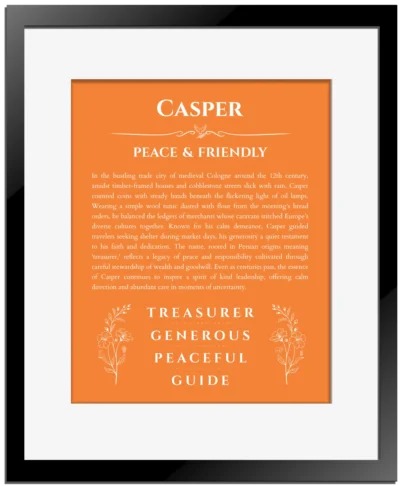 Casper custom name print for wall display in orange with black matte frame