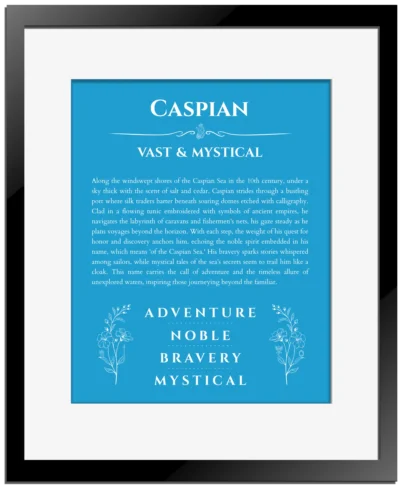 Caspian name meaning gift print in blue with black matte frame