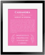Cassandra personalized name meaning print in pink with black matte frame